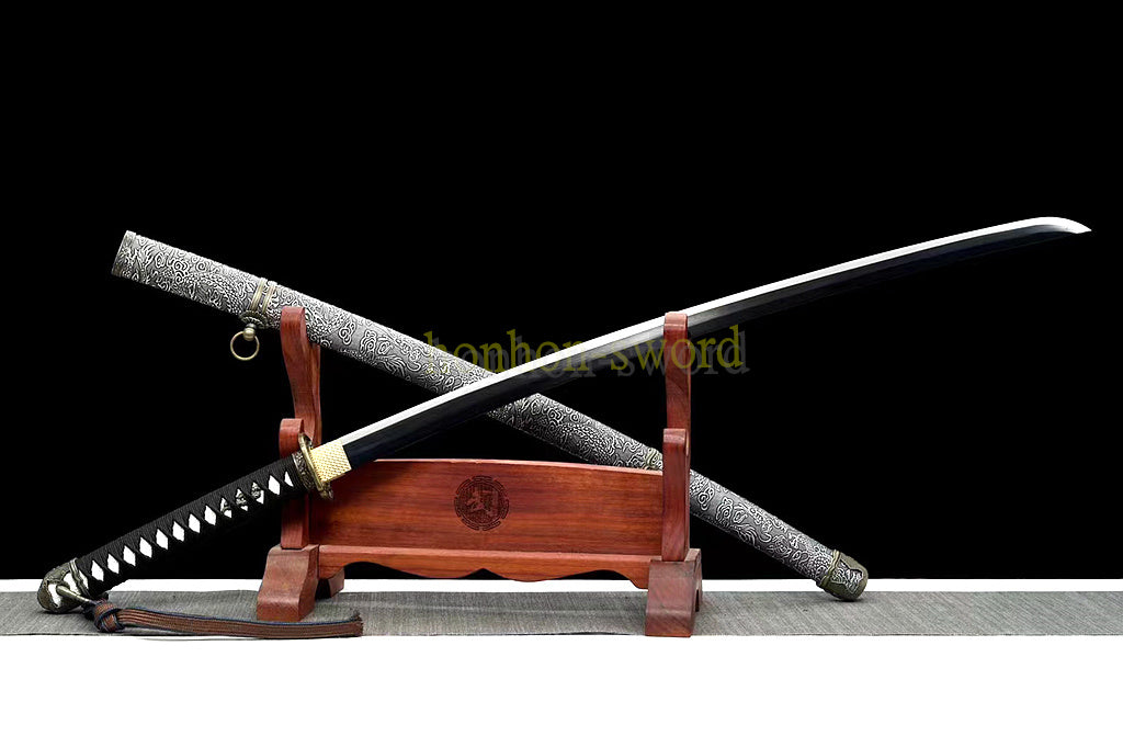1095 Kohlenstoffstahl Katana Blaue Klinge Japanisches Samurai-Schwert Full Tang Schwarz 