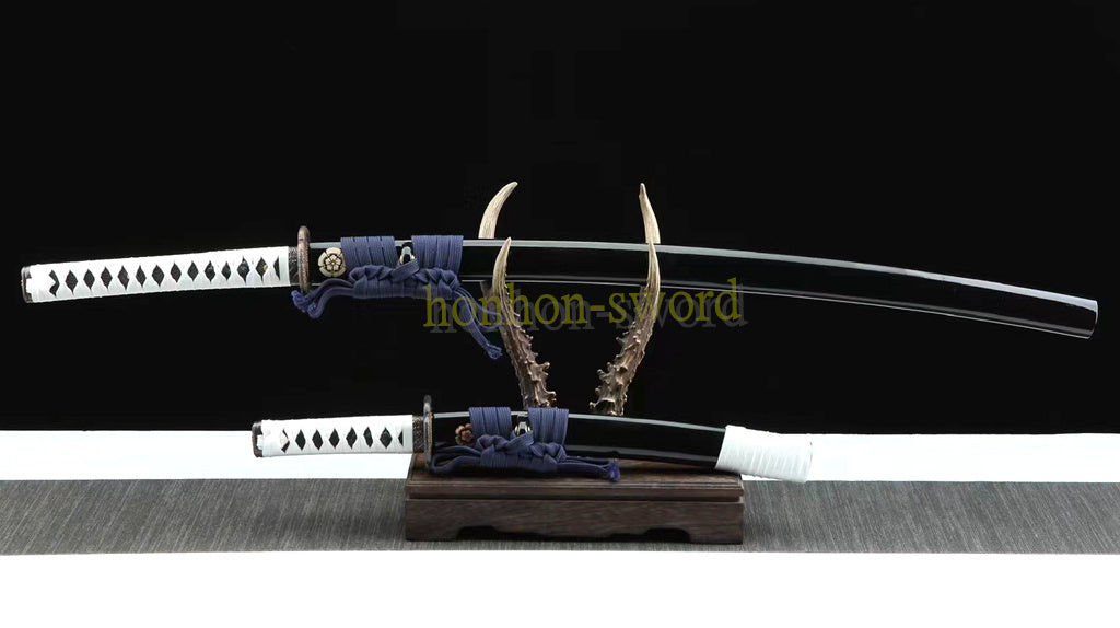 1095 Kohlenstoffstahl Katana Blaue Klinge Japanisches Samurai-Schwert Full Tang Schwarz 