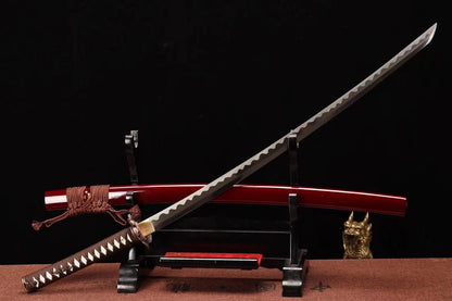 1095 High Carbon Steel Reverse Edge Katana Abrasived Japanese Samurai Sword Full Tang Red