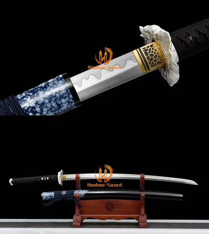 Katana à lame bleue en acier à haute teneur en carbone 1095, épée de samouraï japonais, épée complète noire 