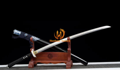 Katana à lame bleue en acier à haute teneur en carbone 1095, épée de samouraï japonais, épée complète noire 