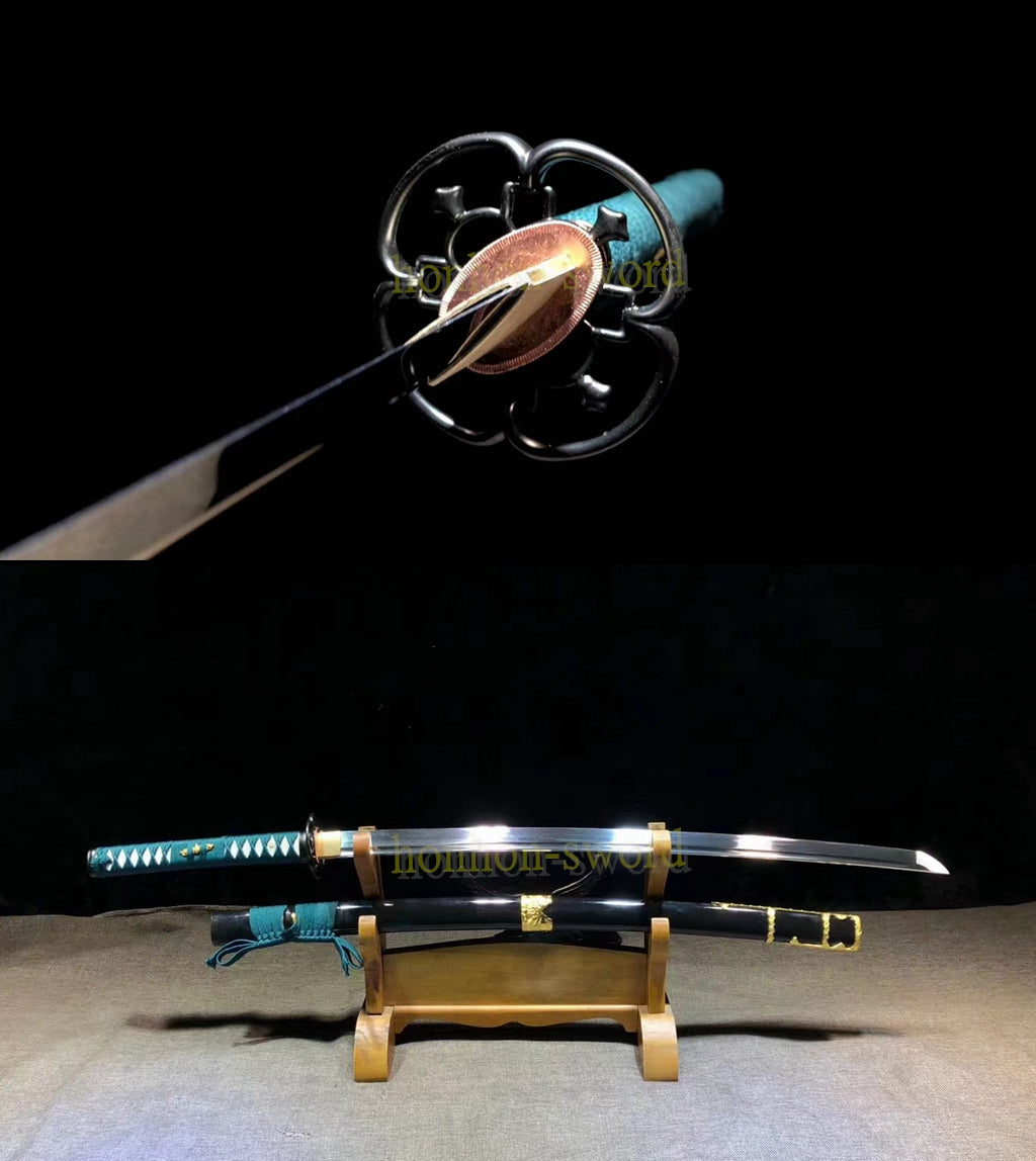 Katana à lame bleue en acier à haute teneur en carbone 1095, épée de samouraï japonais, épée complète noire 