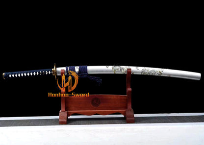 1095 High Carbon Steel Blue Treated Japanese Katana Samurai Sword Full Tang For Battle