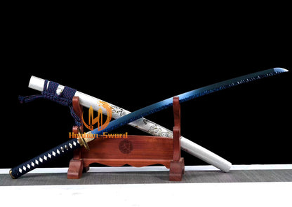 1095 High Carbon Steel Blue Treated Japanese Katana Samurai Sword Full Tang For Battle