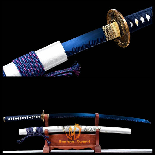 1095 High Carbon Steel Blue Treated Japanese Katana Samurai Sword Full Tang For Battle