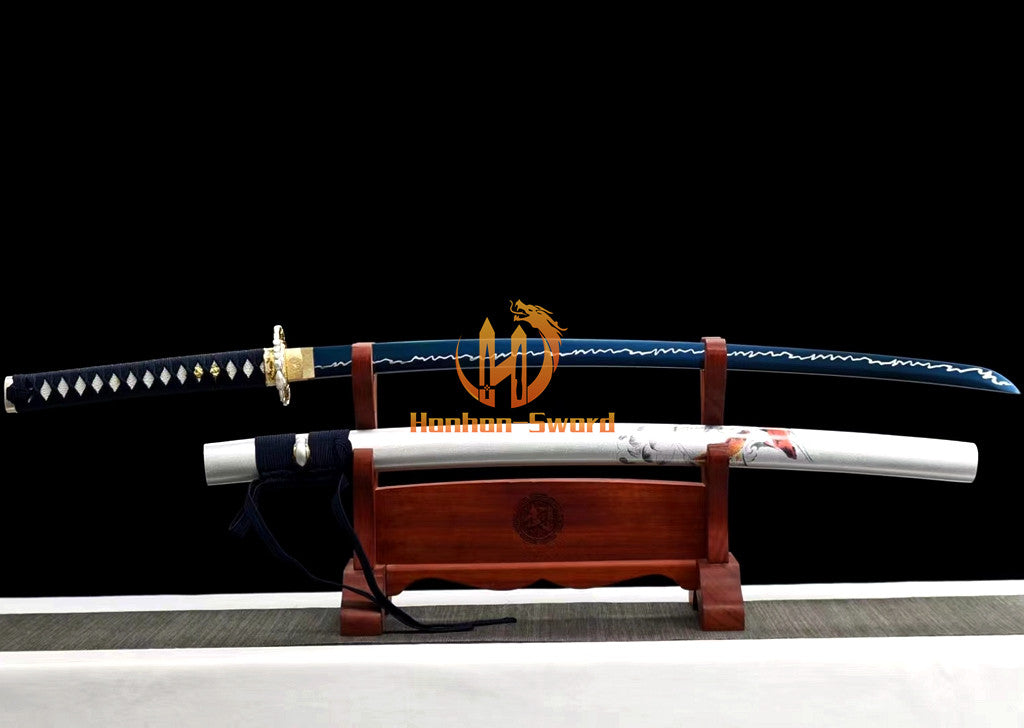 1095 Kohlenstoffstahl Katana Blaue Klinge Japanisches Samurai-Schwert Full Tang Schwarz 