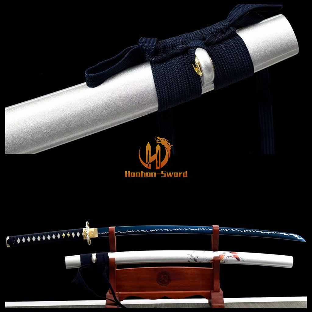 1095 Kohlenstoffstahl Katana Blaue Klinge Japanisches Samurai-Schwert Full Tang Schwarz 