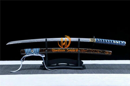 40" Damascus Folded Steel Katana Hammering Pattern Japanese Samurai Sword Battle Ready Blue