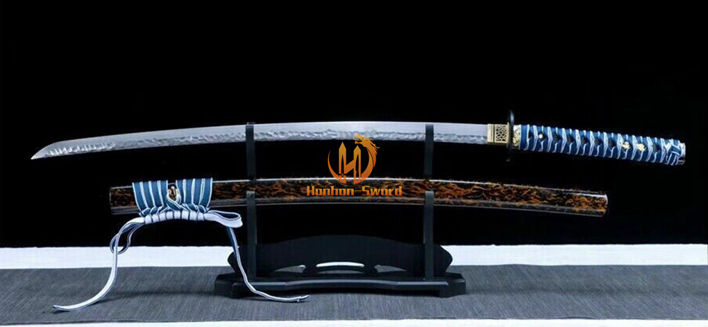 40" Damascus Folded Steel Katana Hammering Pattern Japanese Samurai Sword Battle Ready Blue