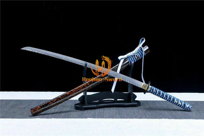 40" Damascus Folded Steel Katana Hammering Pattern Japanese Samurai Sword Battle Ready Blue