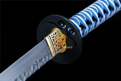 40" Damascus Folded Steel Katana Hammering Pattern Japanese Samurai Sword Battle Ready Blue