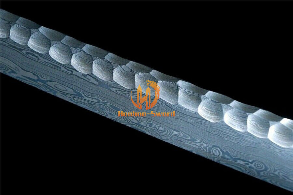 40" Damascus Folded Steel Katana Hammering Pattern Japanese Samurai Sword Battle Ready Blue