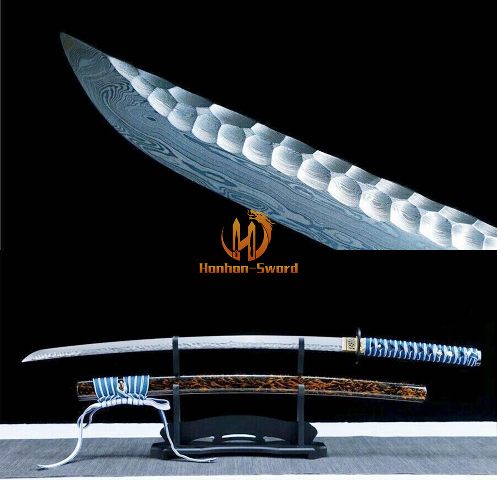 40" Damascus Folded Steel Katana Hammering Pattern Japanese Samurai Sword Battle Ready Blue