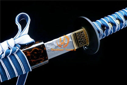 40" Damascus Folded Steel Katana Hammering Pattern Japanese Samurai Sword Battle Ready Blue