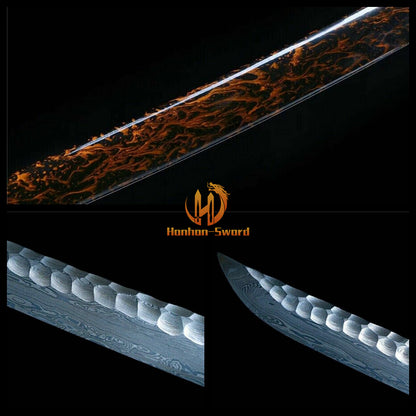 40" Damascus Folded Steel Katana Hammering Pattern Japanese Samurai Sword Battle Ready Blue