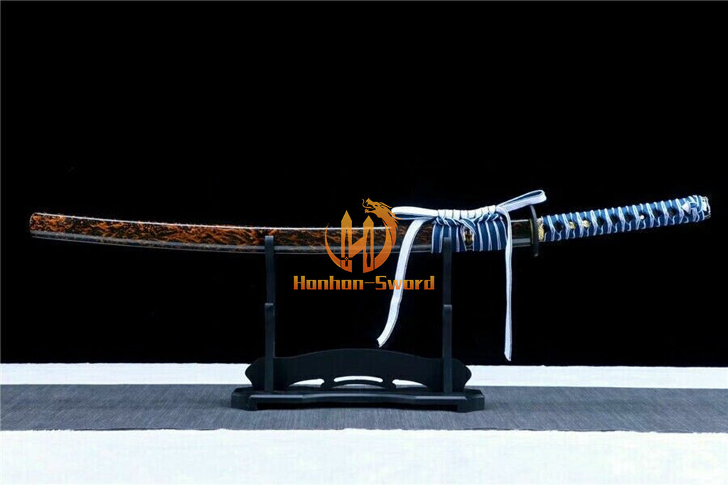 40" Damascus Folded Steel Katana Hammering Pattern Japanese Samurai Sword Battle Ready Blue