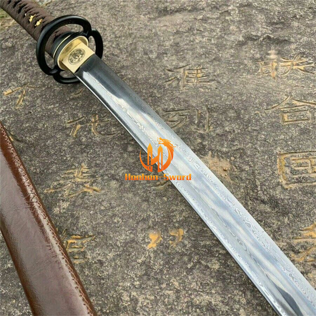 40" Damascus Folded Steel Katana Japanese Combat Samurai Sharp Sword Leather Saya Brown