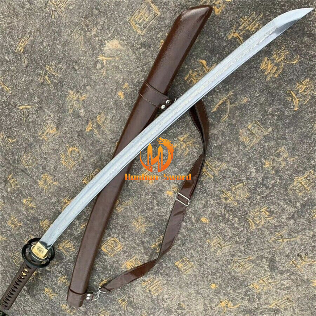 40" Damascus Folded Steel Katana Japanese Combat Samurai Sharp Sword Leather Saya Brown