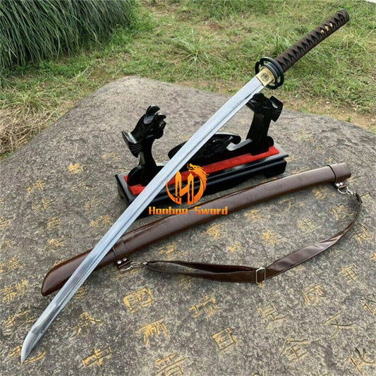 40" Damascus Folded Steel Katana Japanese Combat Samurai Sharp Sword Leather Saya Brown