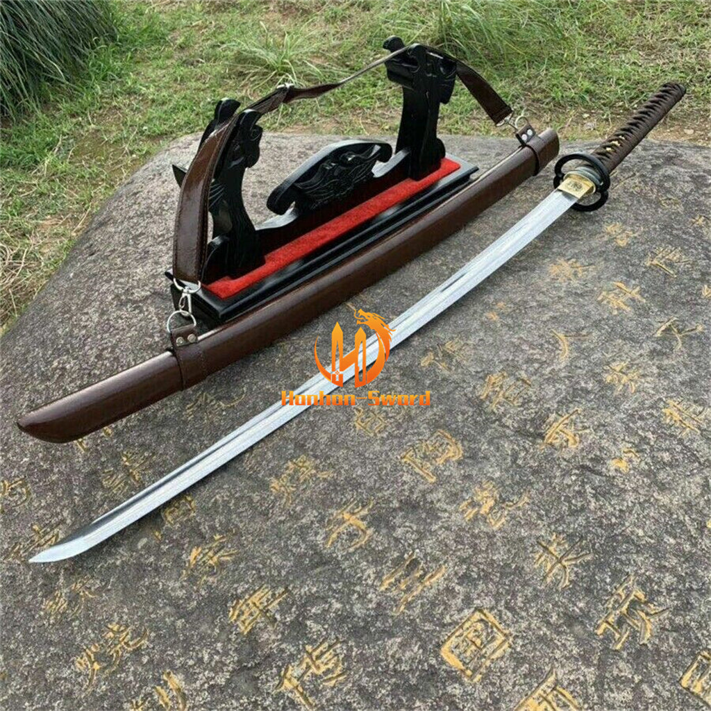 40" Damascus Folded Steel Katana Japanese Combat Samurai Sharp Sword Leather Saya Brown