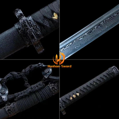 Hand Forge Damascus Folded Steel Katana Japanese Samurai Sword Sharp All Black