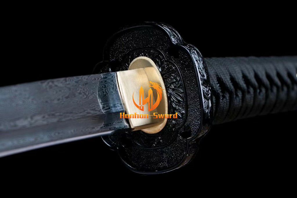 Hand Forge Damascus Folded Steel Katana Japanese Samurai Sword Sharp All Black