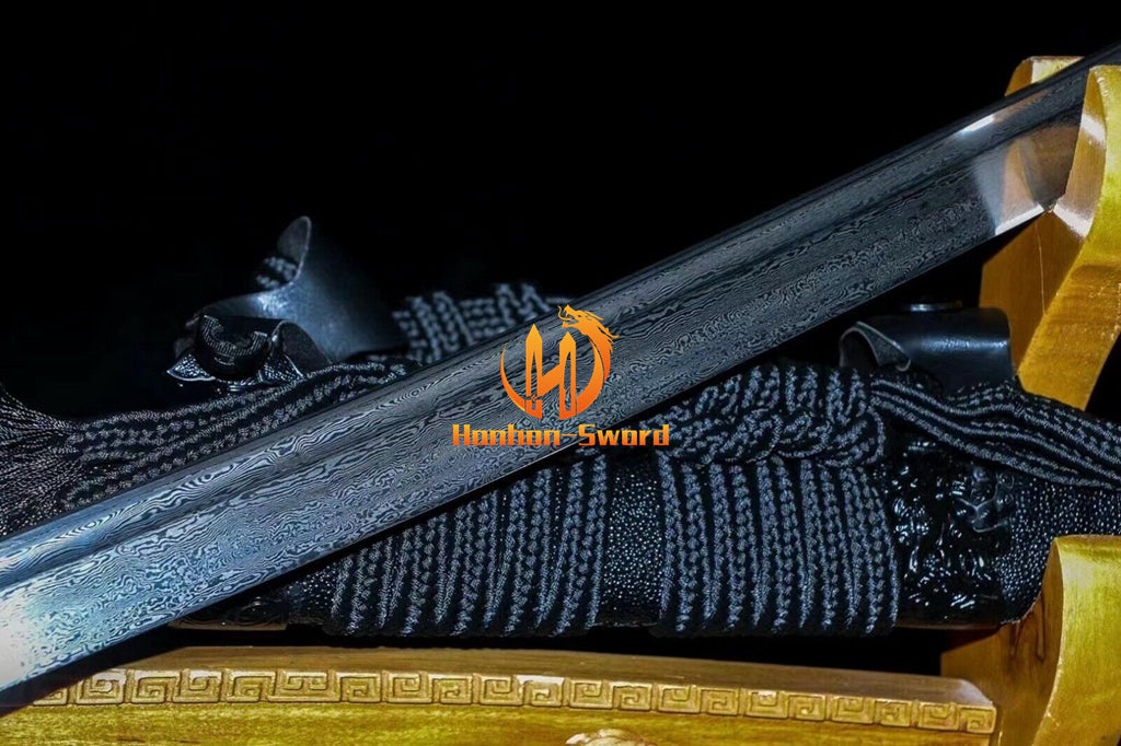 Hand Forge Damascus Folded Steel Katana Japanese Samurai Sword Sharp All Black