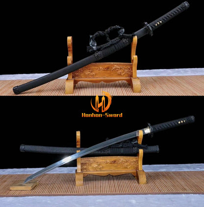 Hand Forge Damascus Folded Steel Katana Japanese Samurai Sword Sharp All Black