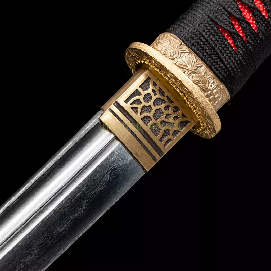 Japanisches Samurai-Schwert Katana aus schwarzem gefaltetem Stahl, Full Tang, handgefertigt, scharfe Klinge, schwarz 