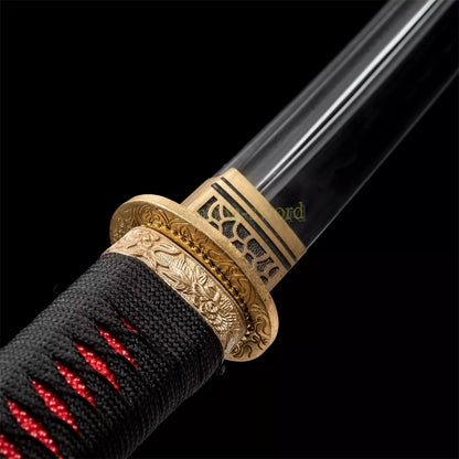 Japanisches Samurai-Schwert Katana aus schwarzem gefaltetem Stahl, Full Tang, handgefertigt, scharfe Klinge, schwarz 