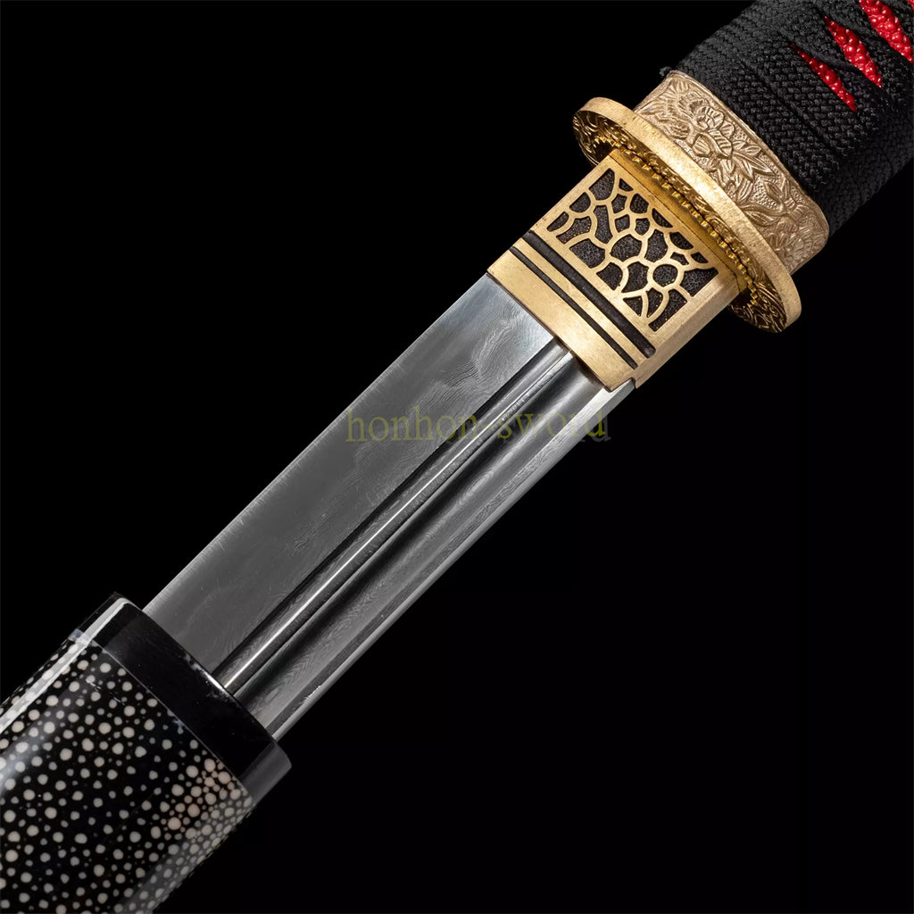 47" Damascus Folded Steel Clay Tempered Nagamaki Japanese Samurai Sword for Battle Rayskin Saya Black