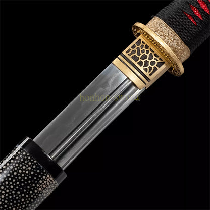 47" Damascus Folded Steel Clay Tempered Nagamaki Japanese Samurai Sword for Battle Rayskin Saya Black