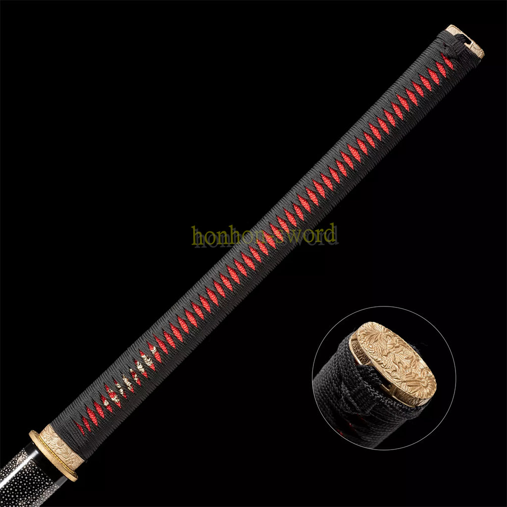 Japanisches Samurai-Schwert Katana aus schwarzem gefaltetem Stahl, Full Tang, handgefertigt, scharfe Klinge, schwarz 