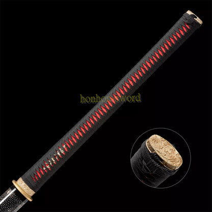 Japanisches Samurai-Schwert Katana aus schwarzem gefaltetem Stahl, Full Tang, handgefertigt, scharfe Klinge, schwarz 