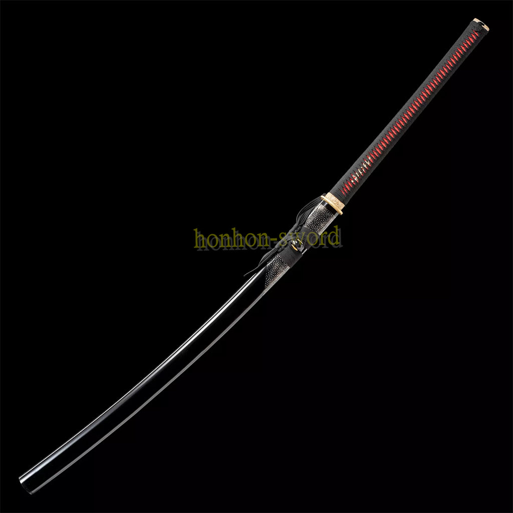 Japanisches Samurai-Schwert Katana aus schwarzem gefaltetem Stahl, Full Tang, handgefertigt, scharfe Klinge, schwarz 