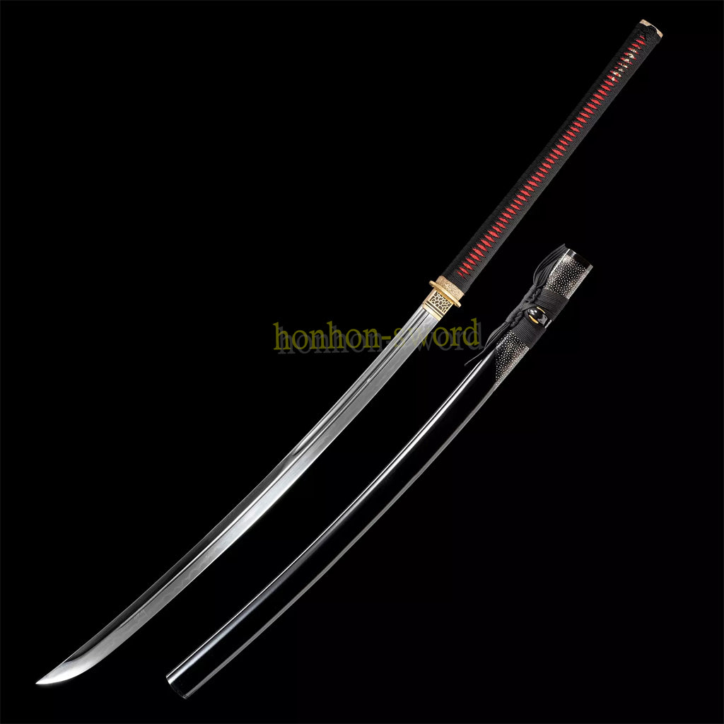Japanisches Samurai-Schwert Katana aus schwarzem gefaltetem Stahl, Full Tang, handgefertigt, scharfe Klinge, schwarz 