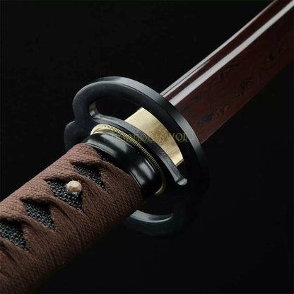 Handmade Damascus Folded Steel Red Blade Japanese Katana Samurai Sword Full Tang