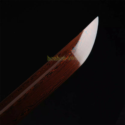 Handmade Damascus Folded Steel Red Blade Japanese Katana Samurai Sword Full Tang