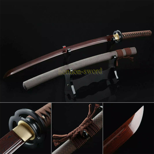 Handmade Damascus Folded Steel Red Blade Japanese Katana Samurai Sword Full Tang