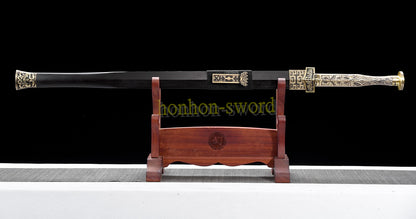 Handgeschmiedetes japanisches Samurai-Schwert Katana aus Damaszener-Faltstahl, scharf, ganz in Schwarz 
