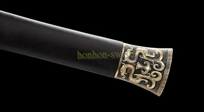 Handgeschmiedetes japanisches Samurai-Schwert Katana aus Damaszener-Faltstahl, scharf, ganz in Schwarz 