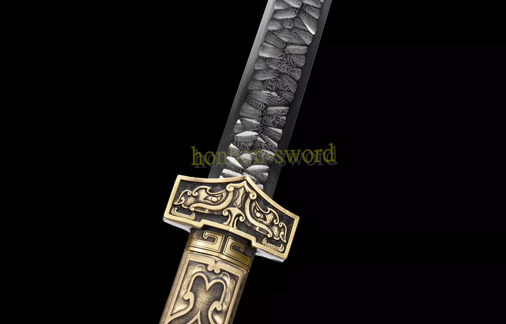 Handgeschmiedetes japanisches Samurai-Schwert Katana aus Damaszener-Faltstahl, scharf, ganz in Schwarz 