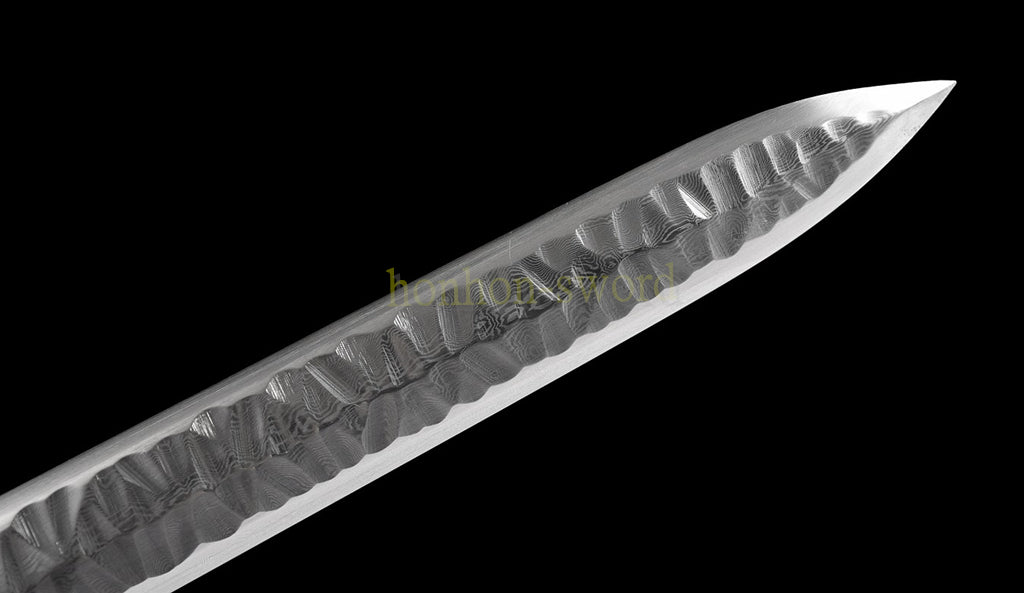 Handgeschmiedetes japanisches Samurai-Schwert Katana aus Damaszener-Faltstahl, scharf, ganz in Schwarz 