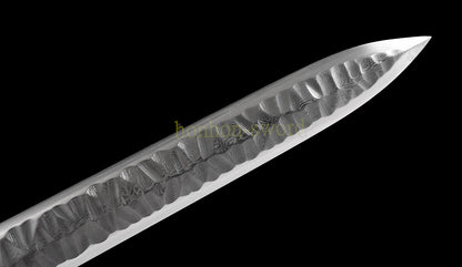 Handgeschmiedetes japanisches Samurai-Schwert Katana aus Damaszener-Faltstahl, scharf, ganz in Schwarz 