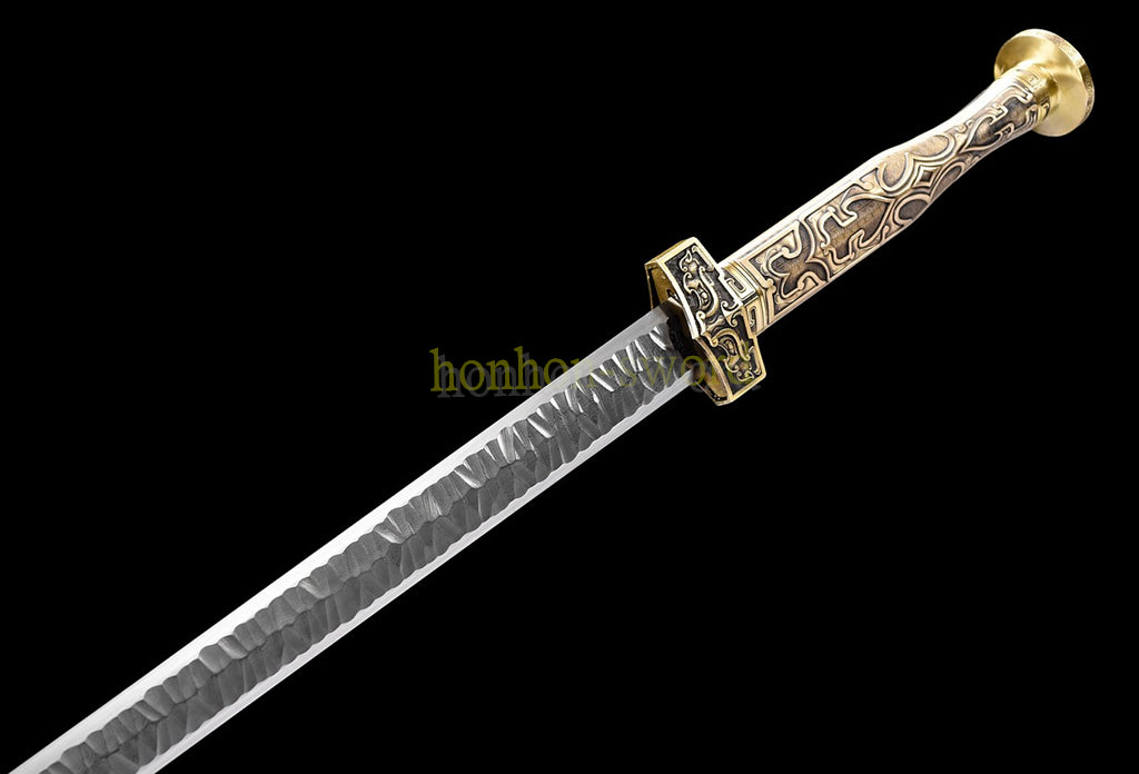 Handgeschmiedetes japanisches Samurai-Schwert Katana aus Damaszener-Faltstahl, scharf, ganz in Schwarz 