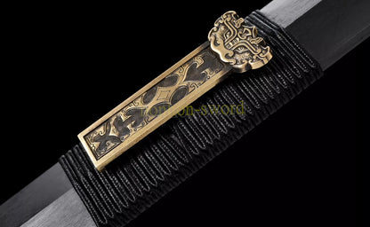 Handgeschmiedetes japanisches Samurai-Schwert Katana aus Damaszener-Faltstahl, scharf, ganz in Schwarz 