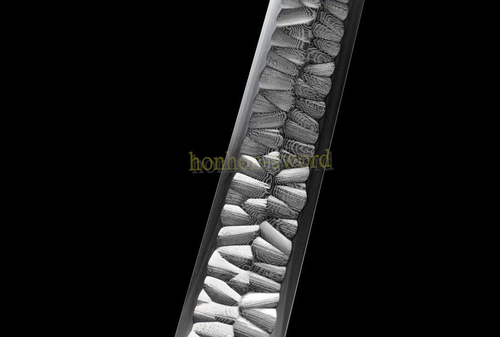 Handgeschmiedetes japanisches Samurai-Schwert Katana aus Damaszener-Faltstahl, scharf, ganz in Schwarz 