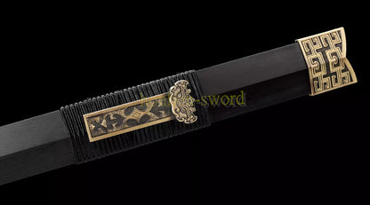 Handgeschmiedetes japanisches Samurai-Schwert Katana aus Damaszener-Faltstahl, scharf, ganz in Schwarz 