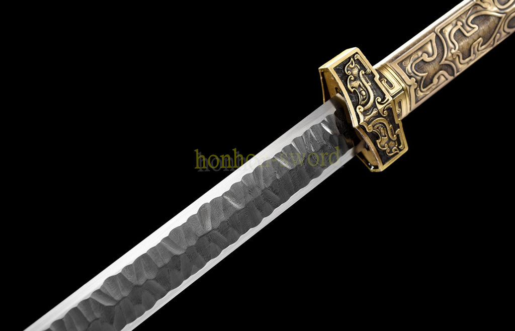 Handgeschmiedetes japanisches Samurai-Schwert Katana aus Damaszener-Faltstahl, scharf, ganz in Schwarz 