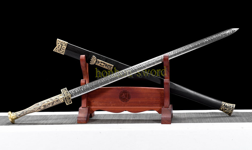 Handgeschmiedetes japanisches Samurai-Schwert Katana aus Damaszener-Faltstahl, scharf, ganz in Schwarz 
